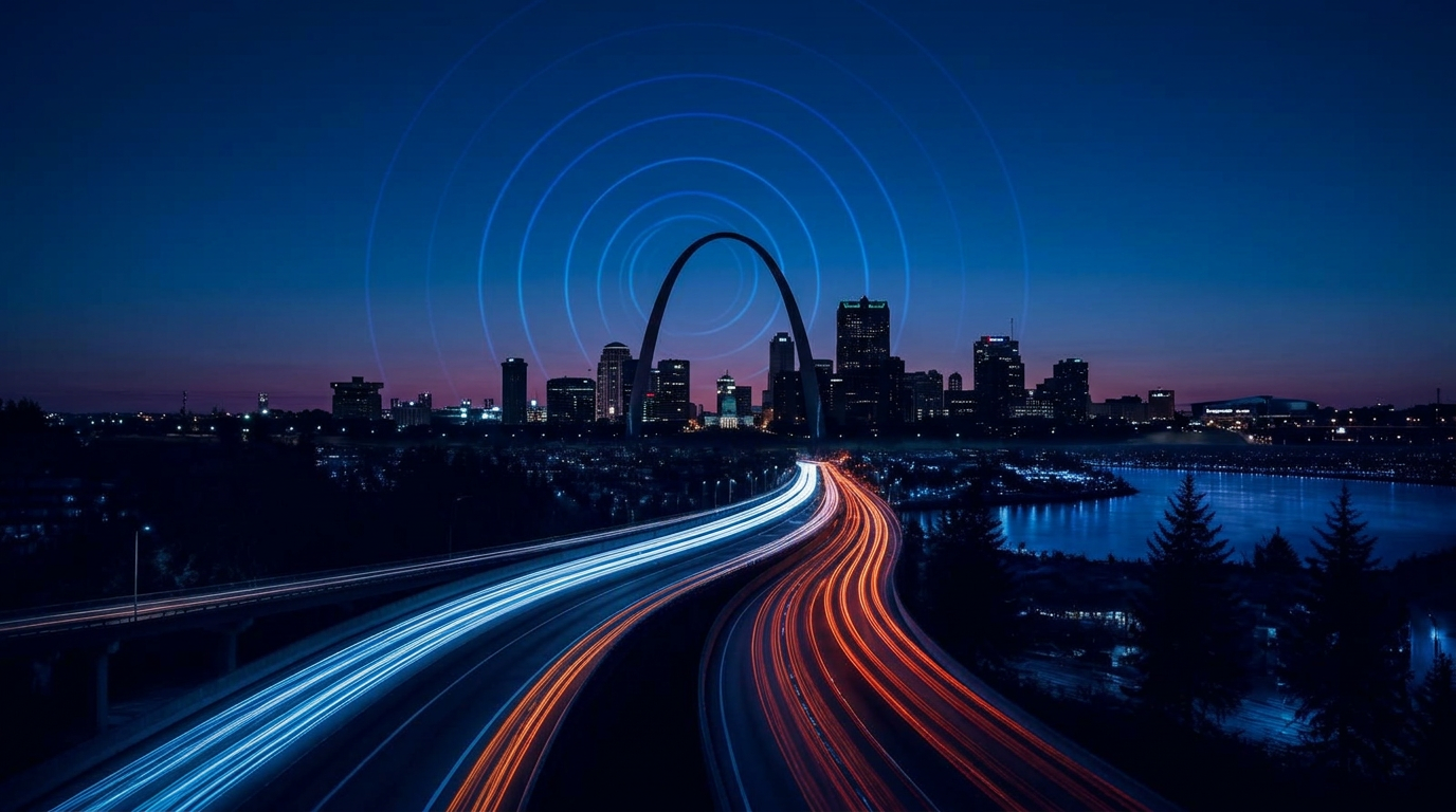 Highway commute at dusk with light trails streaming toward the St. Louis skyline and Gateway Arch