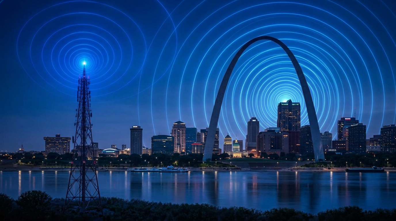St. Louis skyline at dusk with a broadcast tower radiating signal rings