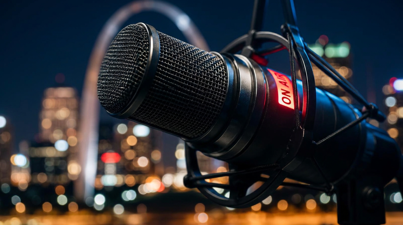 Broadcast studio microphone with a glowing on-air light and the Gateway Arch in the background